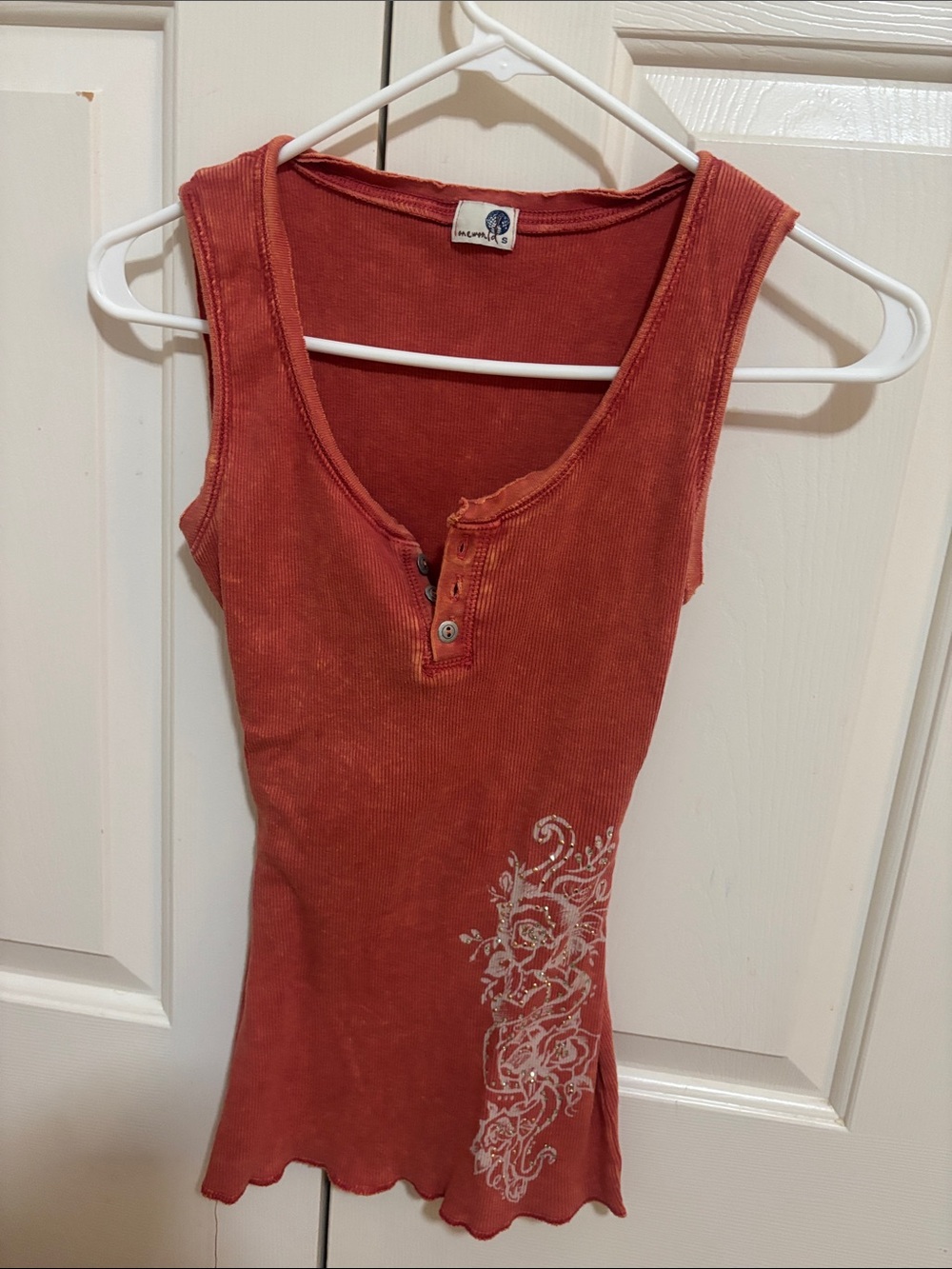 INC International Concepts Rust Ribbed Henley Tank with Floral Side Embroidery